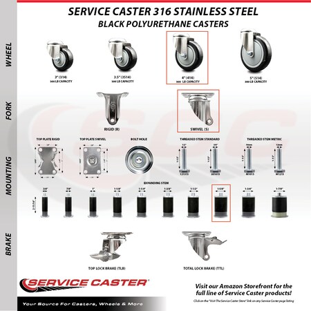 Service Caster 4 Inch 316SS Black Poly Swivel 1-5/8 Inch Expanding Stem Caster Brake SCC, 2PK SS316EX20S414-PPUB-BLK-2-TLB-2-158